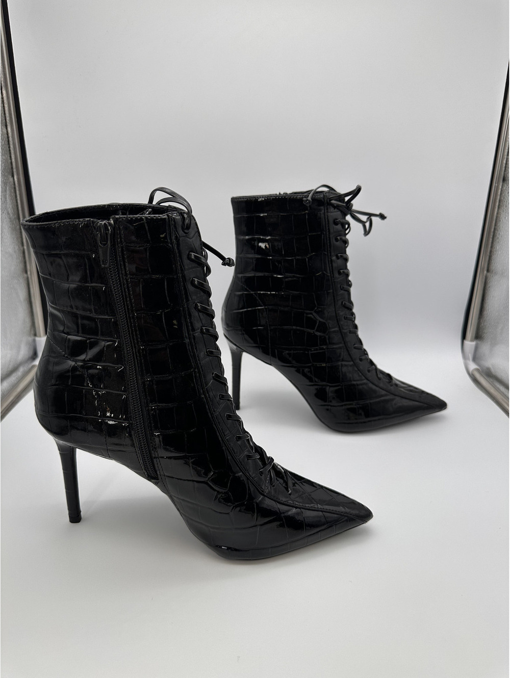 INC International Concepts Black Patent Croc Lace-Up Ankle B
